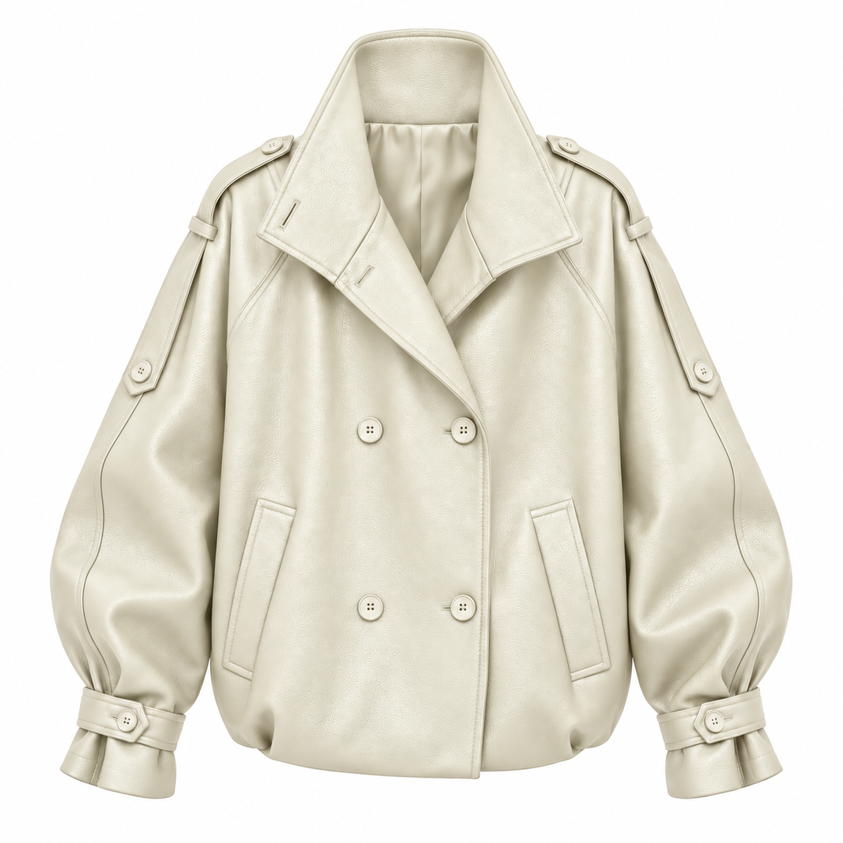 Front view of the Avery Oversized Faux Leather Moto Jacket in Soft Ivory with a relaxed oversized fit, oversized stand collar, and textured faux leather finish.