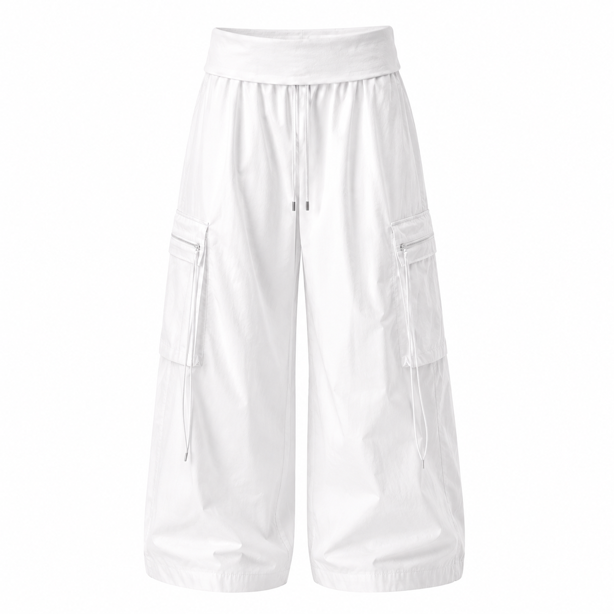 Vintage Foldover Waist Wide Leg Cargo Pants in Cloud White styled with a black leather jacket and ribbed knit top for an effortless urban look.