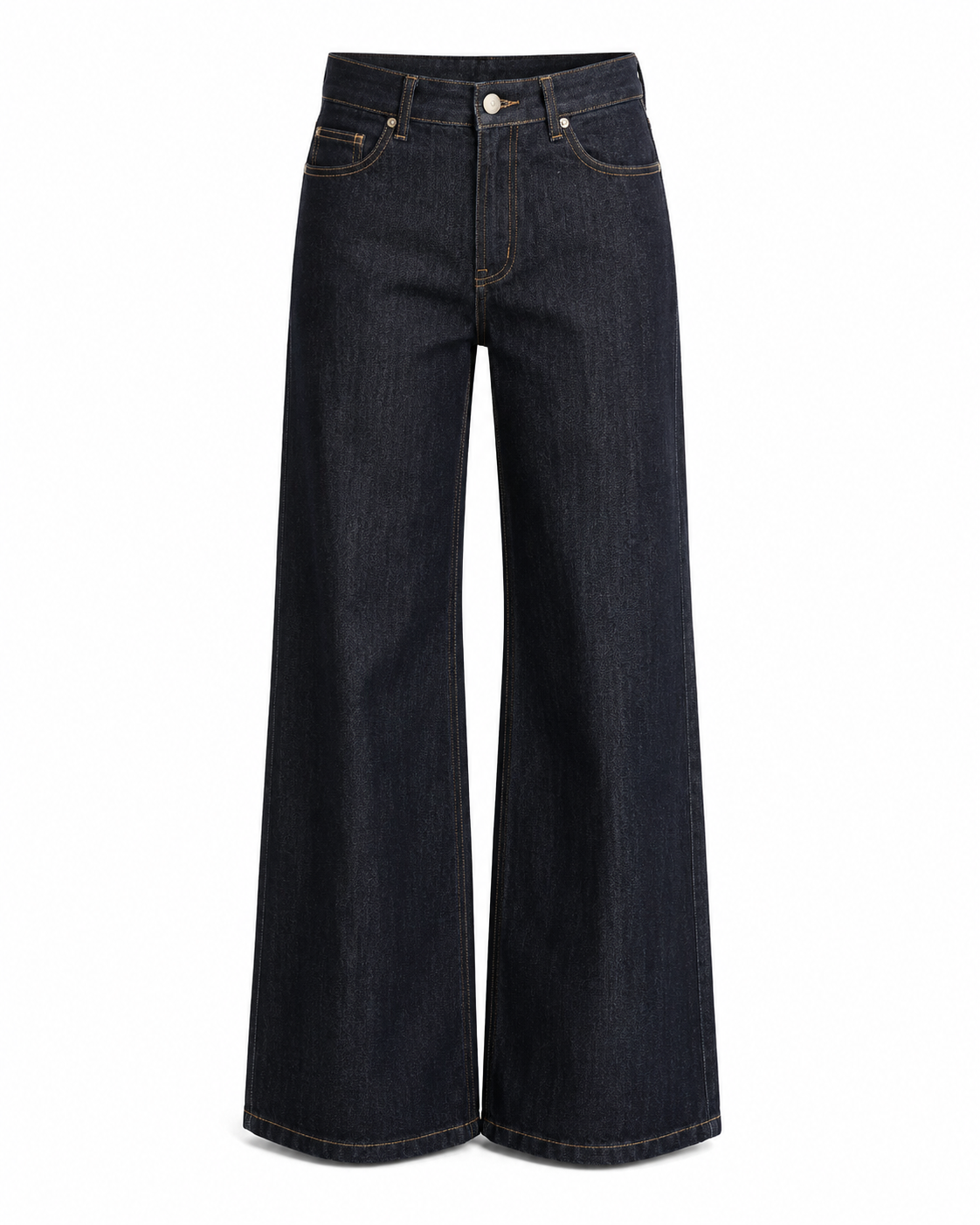 Dark Indigo high waisted wide leg jeans with vintage denim texture and contrast stitching