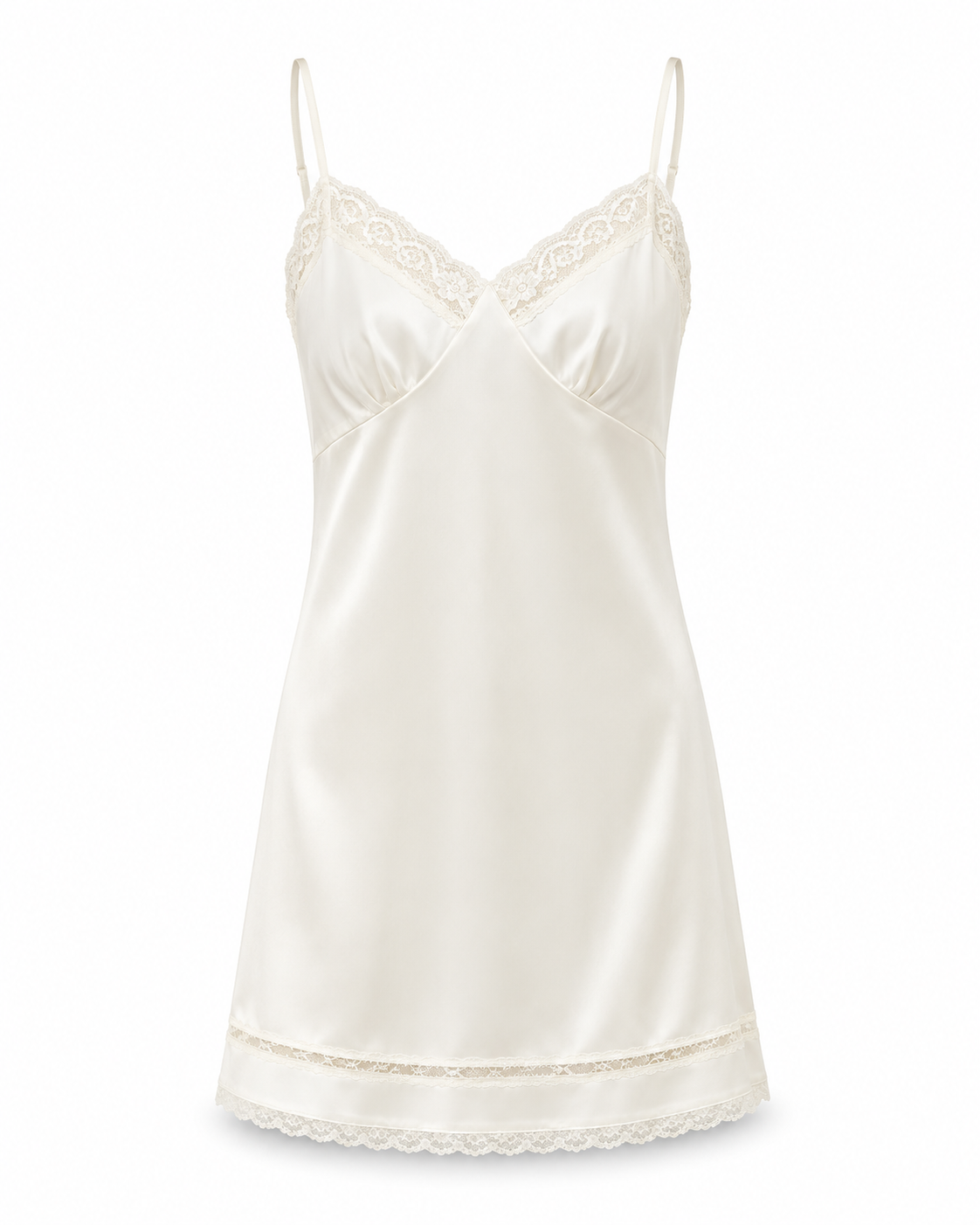 Ivory Cream satin lace slip mini dress with adjustable spaghetti straps and delicate lace trim