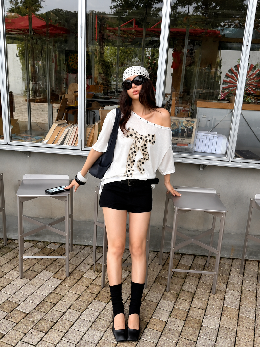 Polka Dot Bow Off-Shoulder Tee
