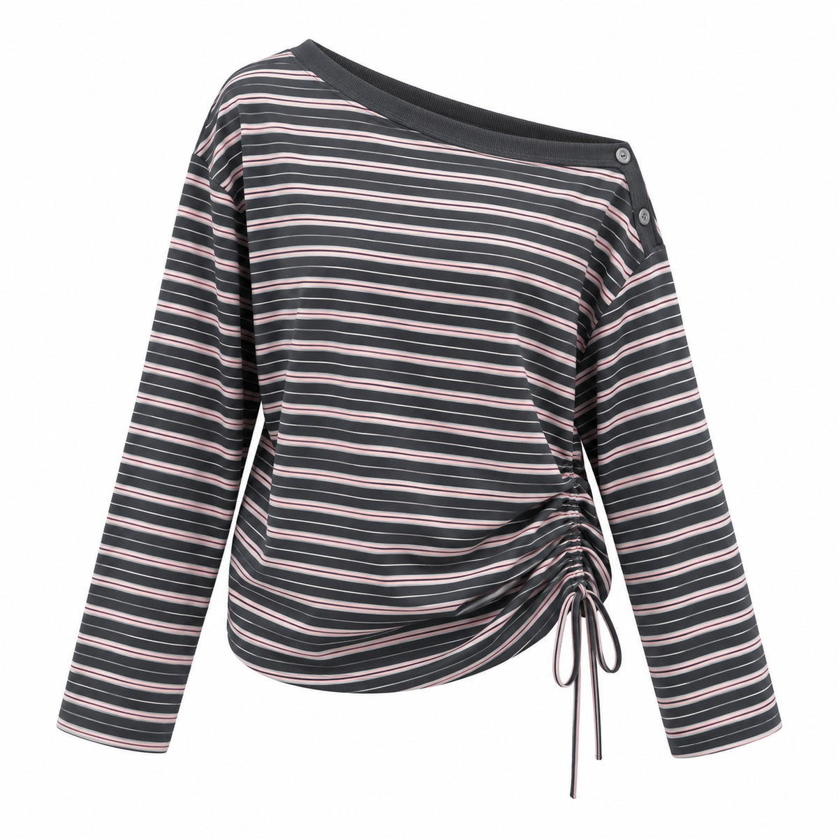 Florise Studio Rose Smoke asymmetrical striped drawstring long sleeve top with an off shoulder neckline and adjustable side ruching.