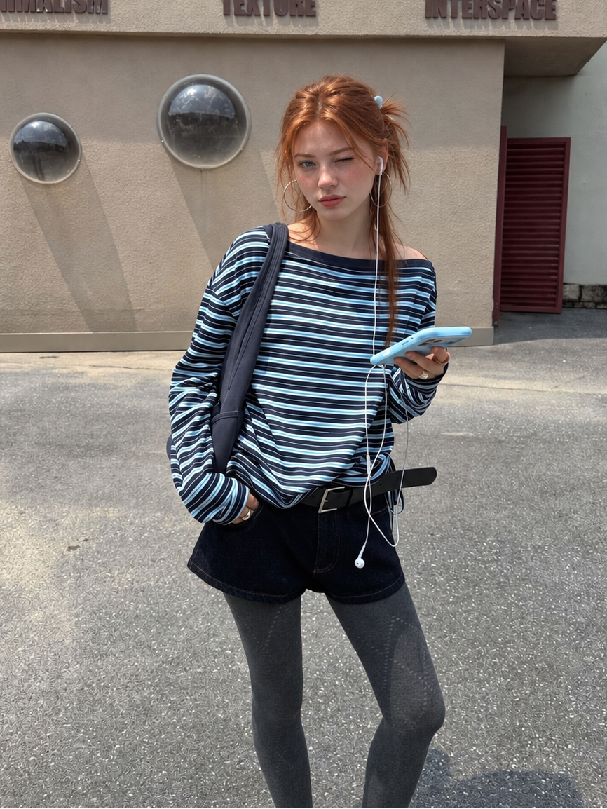 Casual outfit featuring the Florise Studio Sky Mist striped off shoulder long sleeve top with adjustable side ruching.