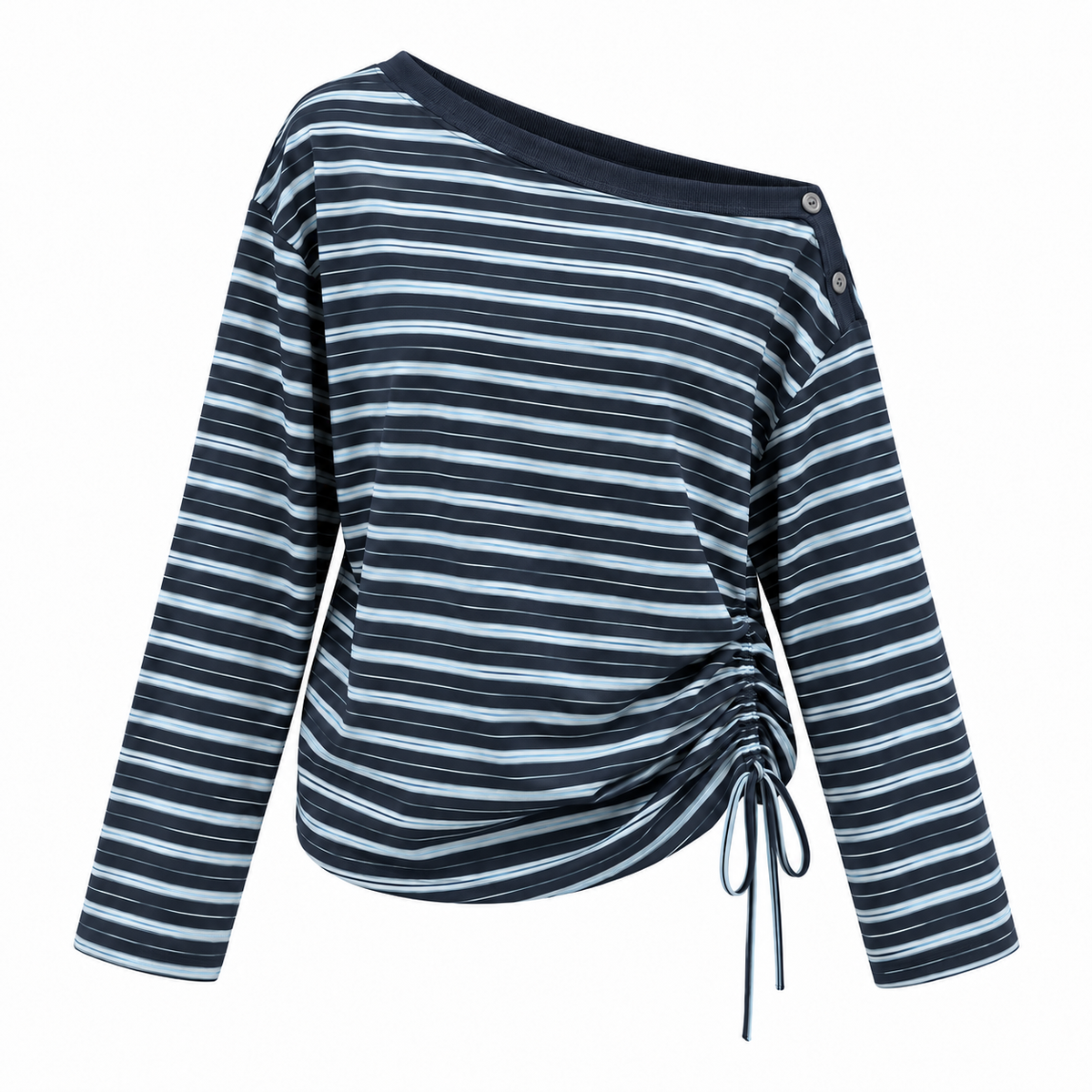Florise Studio Sky Mist asymmetrical striped drawstring long sleeve top with an off shoulder neckline and adjustable side ruching.