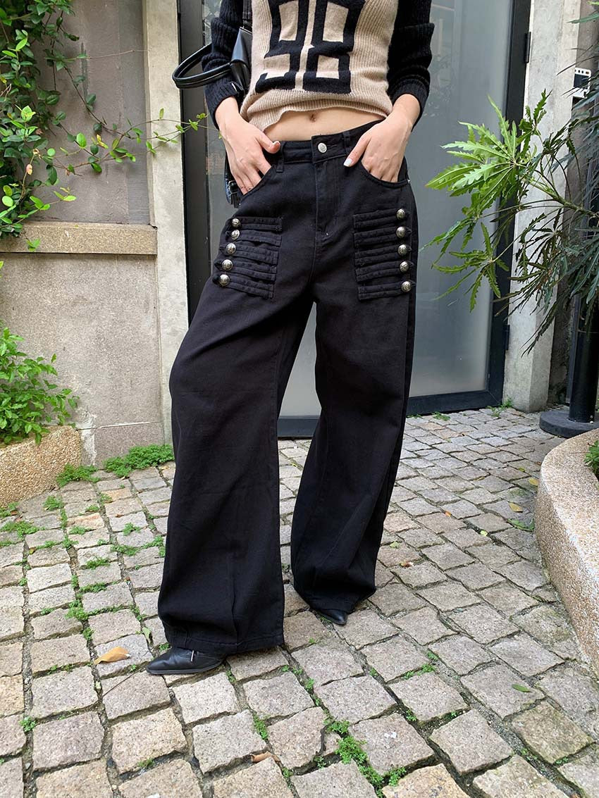 Button Tab Low Rise Wide Leg Jeans in Black — front button-tab detail