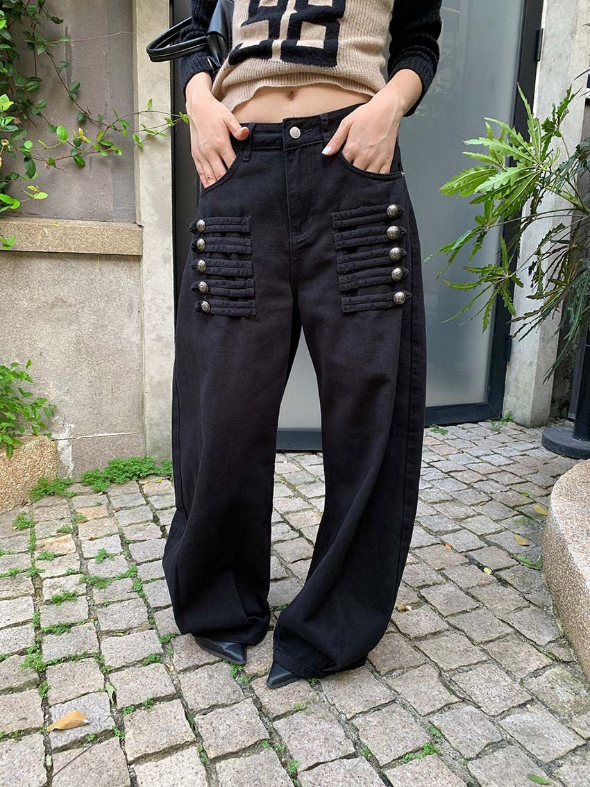 Button Tab Low Rise Wide Leg Jeans in Black — front full-length view