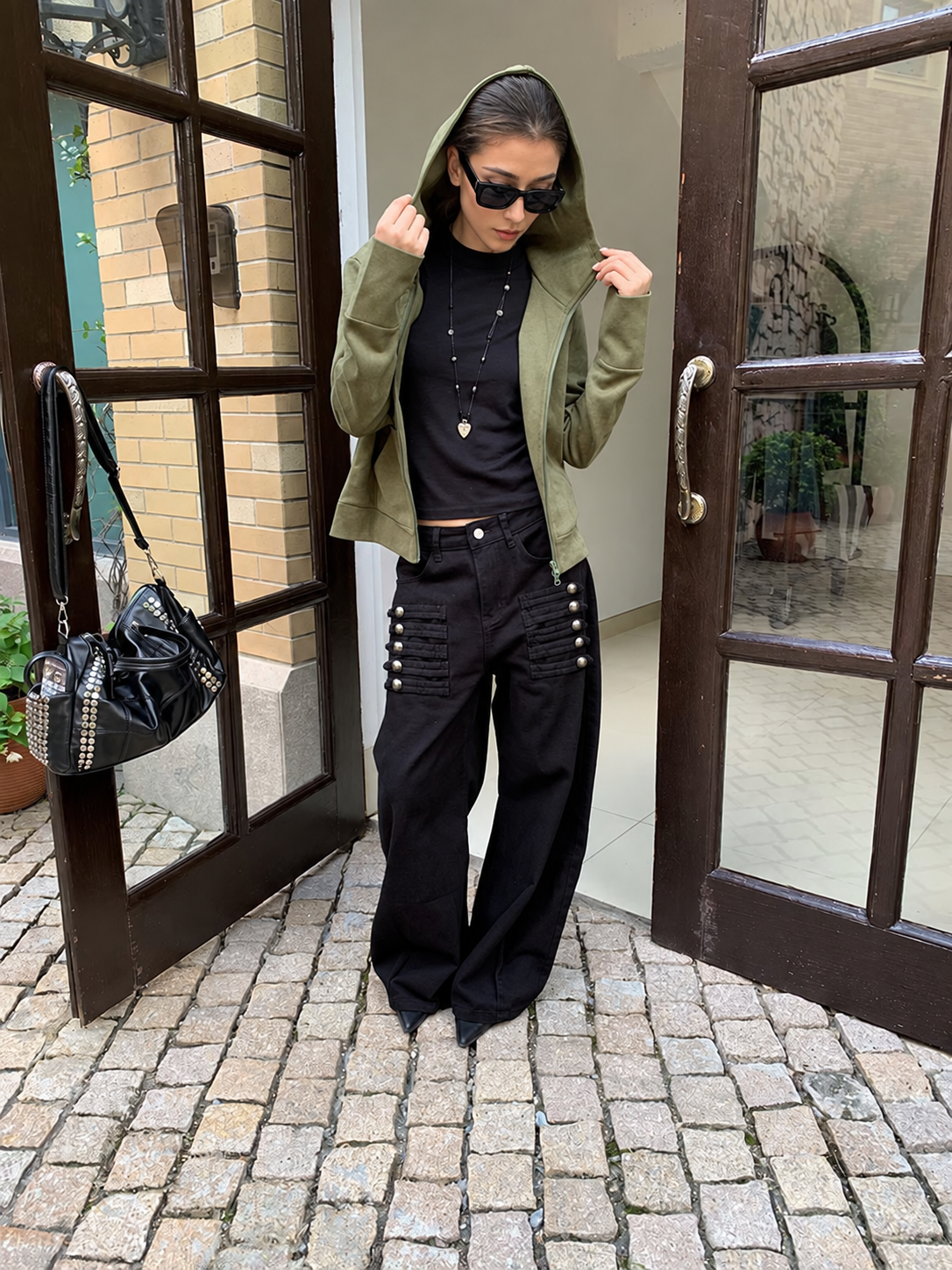 Button Tab Low Rise Wide Leg Jeans in Black — layered front styling view