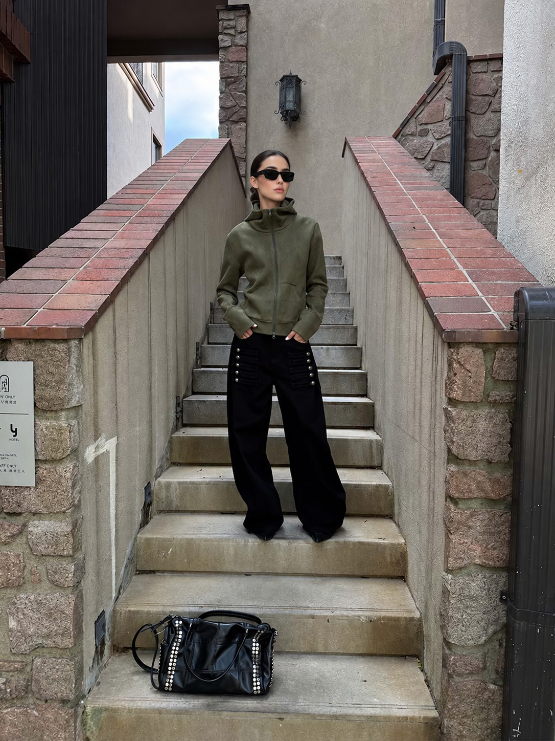 Button Tab Low Rise Wide Leg Jeans in Black — stairway styling view