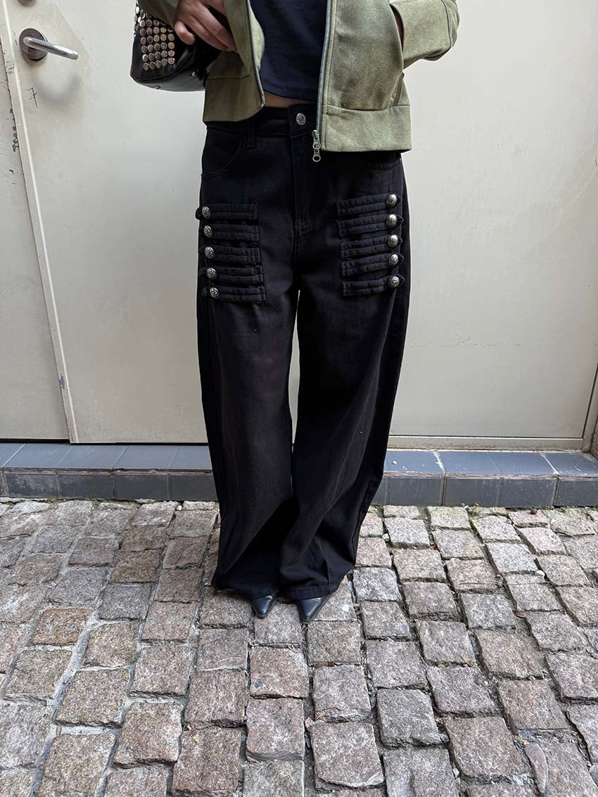 Button Tab Low Rise Wide Leg Jeans in Black — straight front view