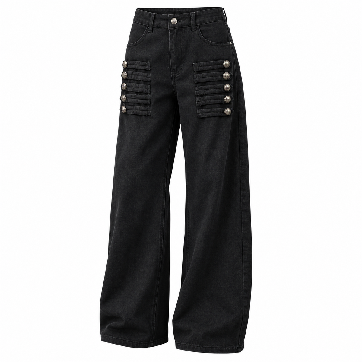 Button Tab Low Rise Wide Leg Jeans in Black — white background product view