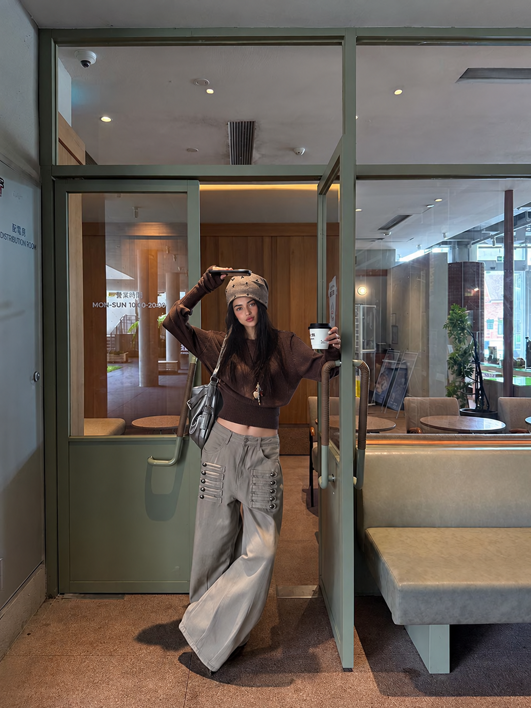 Button Tab Low Rise Wide Leg Jeans in Khaki — cafe styling view