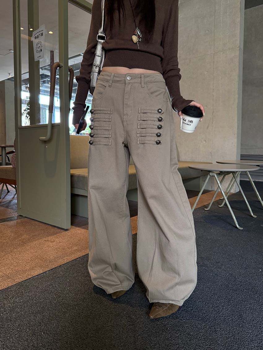 Button Tab Low Rise Wide Leg Jeans in Khaki — front full-length view