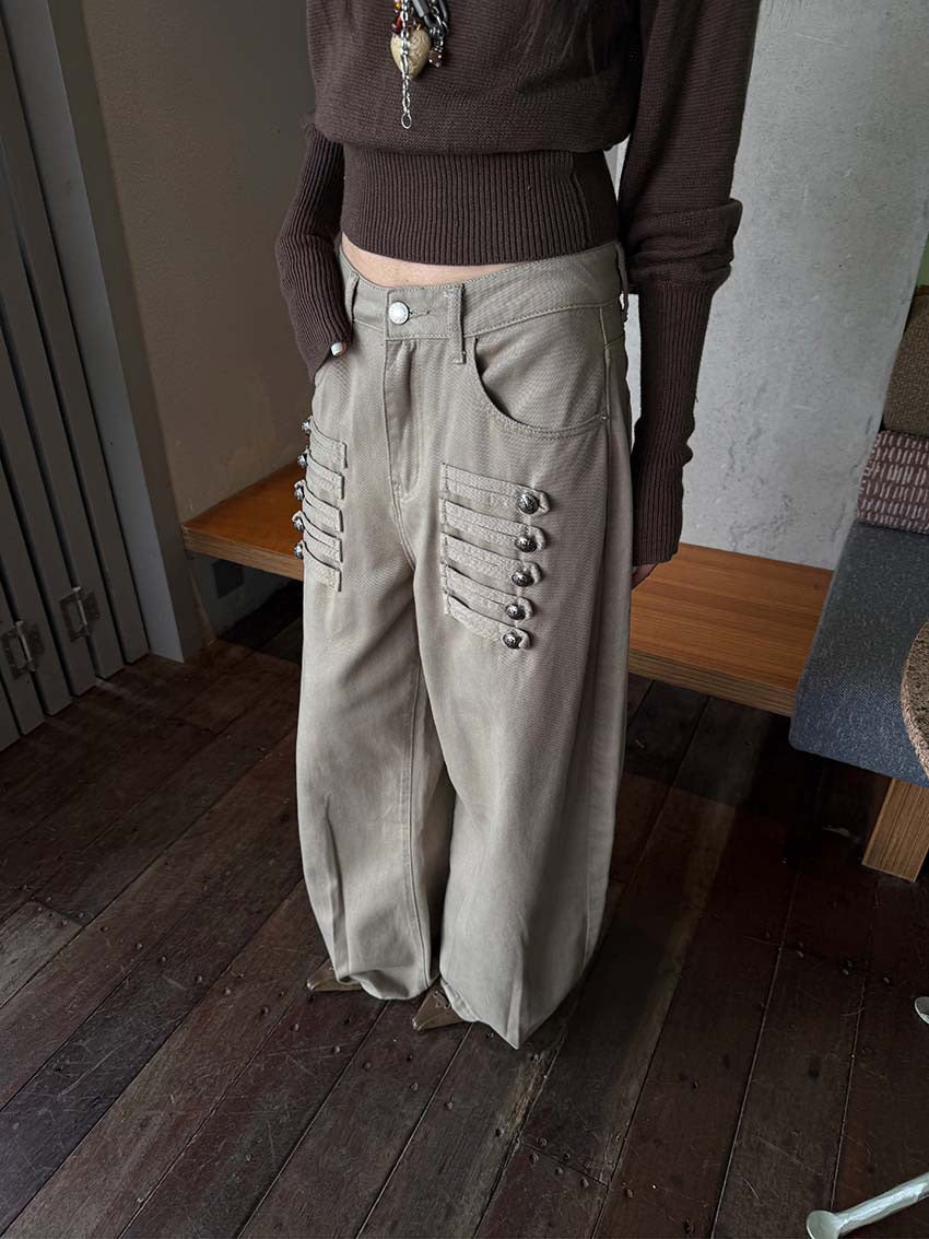 Button Tab Low Rise Wide Leg Jeans in Khaki — three-quarter view