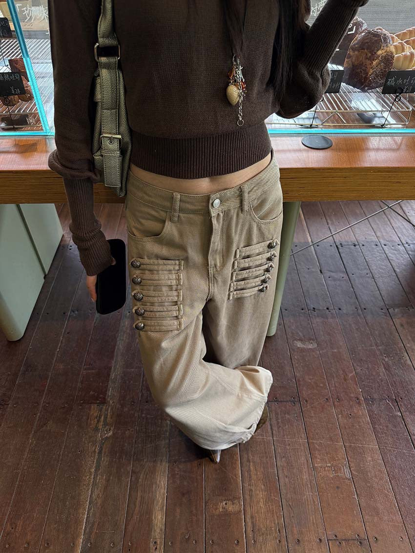 Button Tab Low Rise Wide Leg Jeans in Khaki — waist and button-tab detail