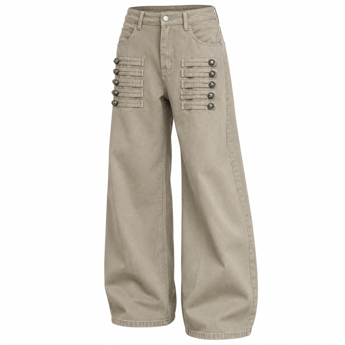 Button Tab Low Rise Wide Leg Jeans in Khaki — white background product view