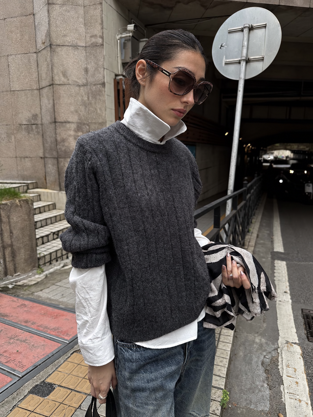 Cable Knit Crewneck Long Sleeve Sweater in Dark Gray — cable knit close-up view