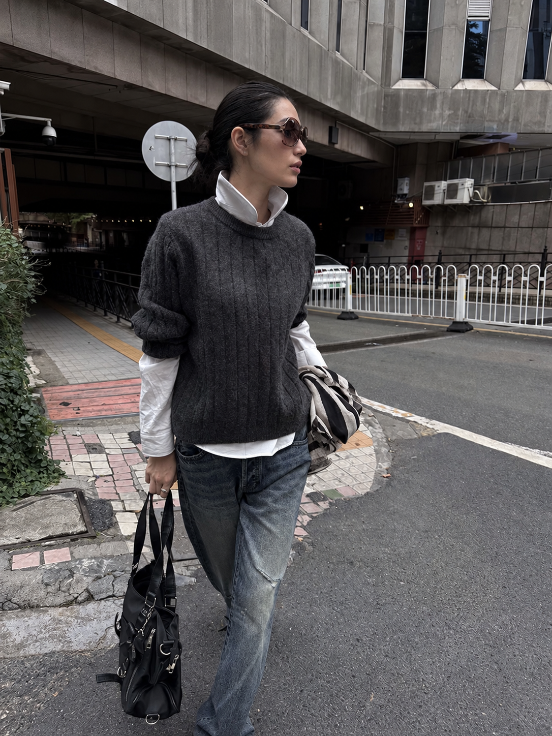 Cable Knit Crewneck Long Sleeve Sweater in Dark Gray — front walking view