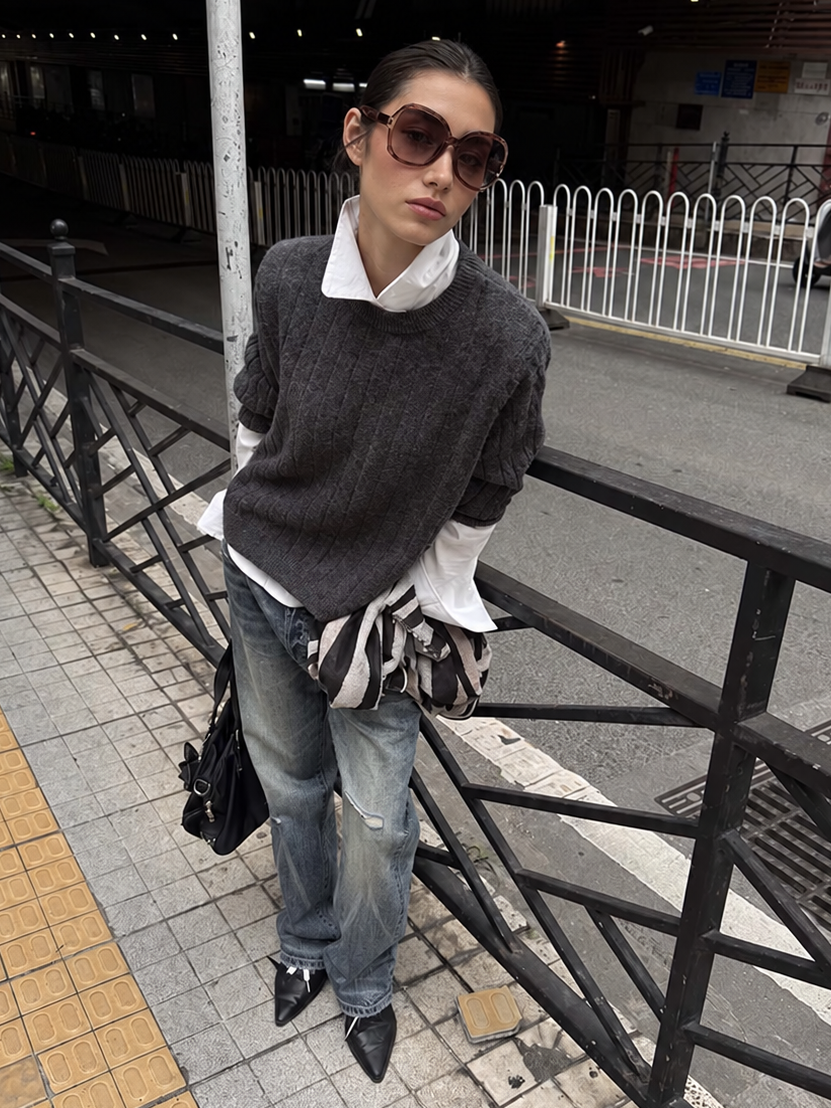 Cable Knit Crewneck Long Sleeve Sweater in Dark Gray — full street styling view