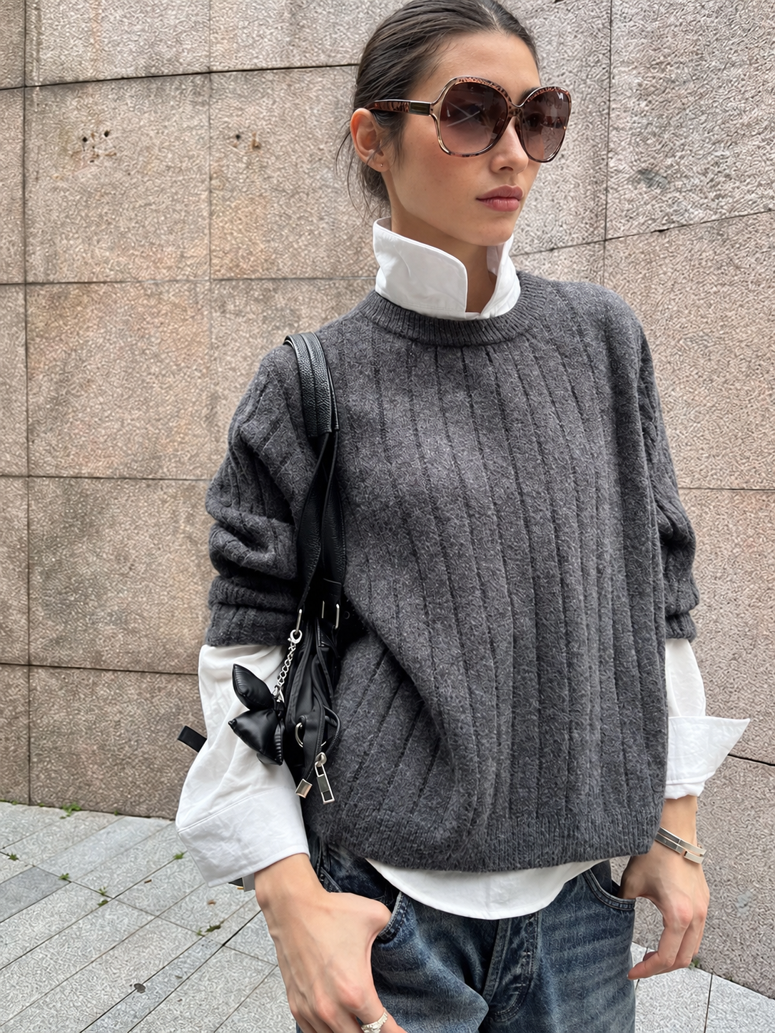 Cable Knit Crewneck Long Sleeve Sweater in Dark Gray — layered front detail view