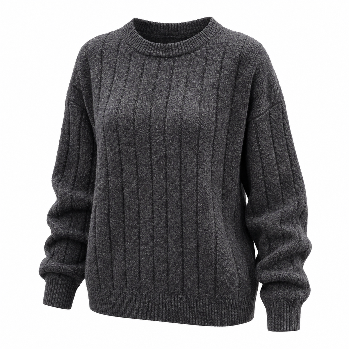 Cable Knit Crewneck Long Sleeve Sweater in Dark Gray — white background product view