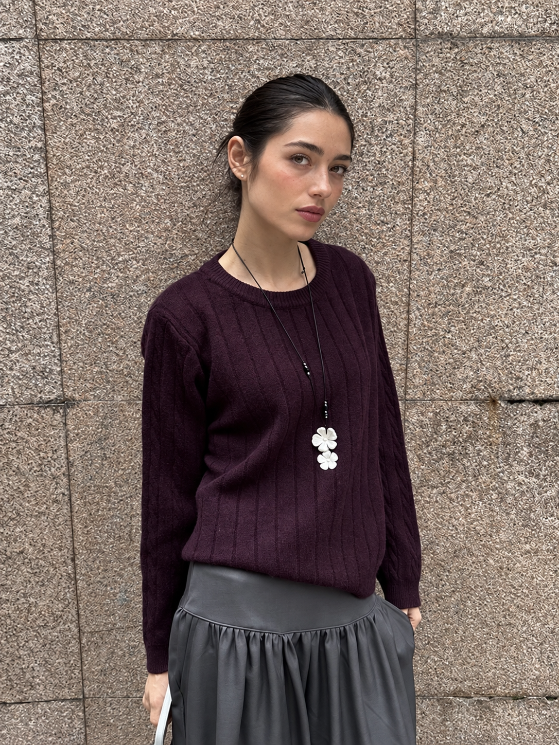 Cable Knit Crewneck Long Sleeve Sweater in Purple — front portrait view