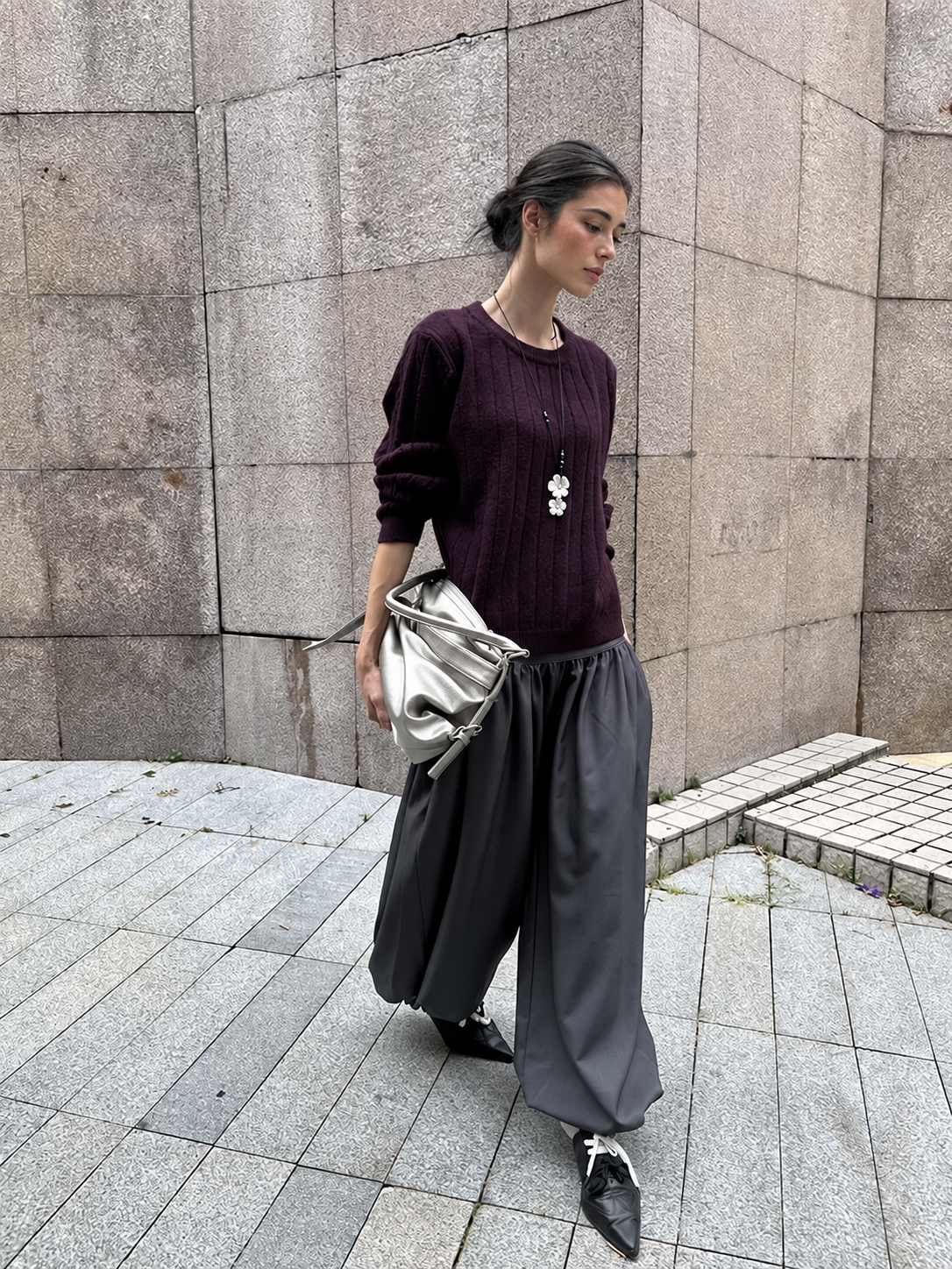 Cable Knit Crewneck Long Sleeve Sweater in Purple — full-body styling view