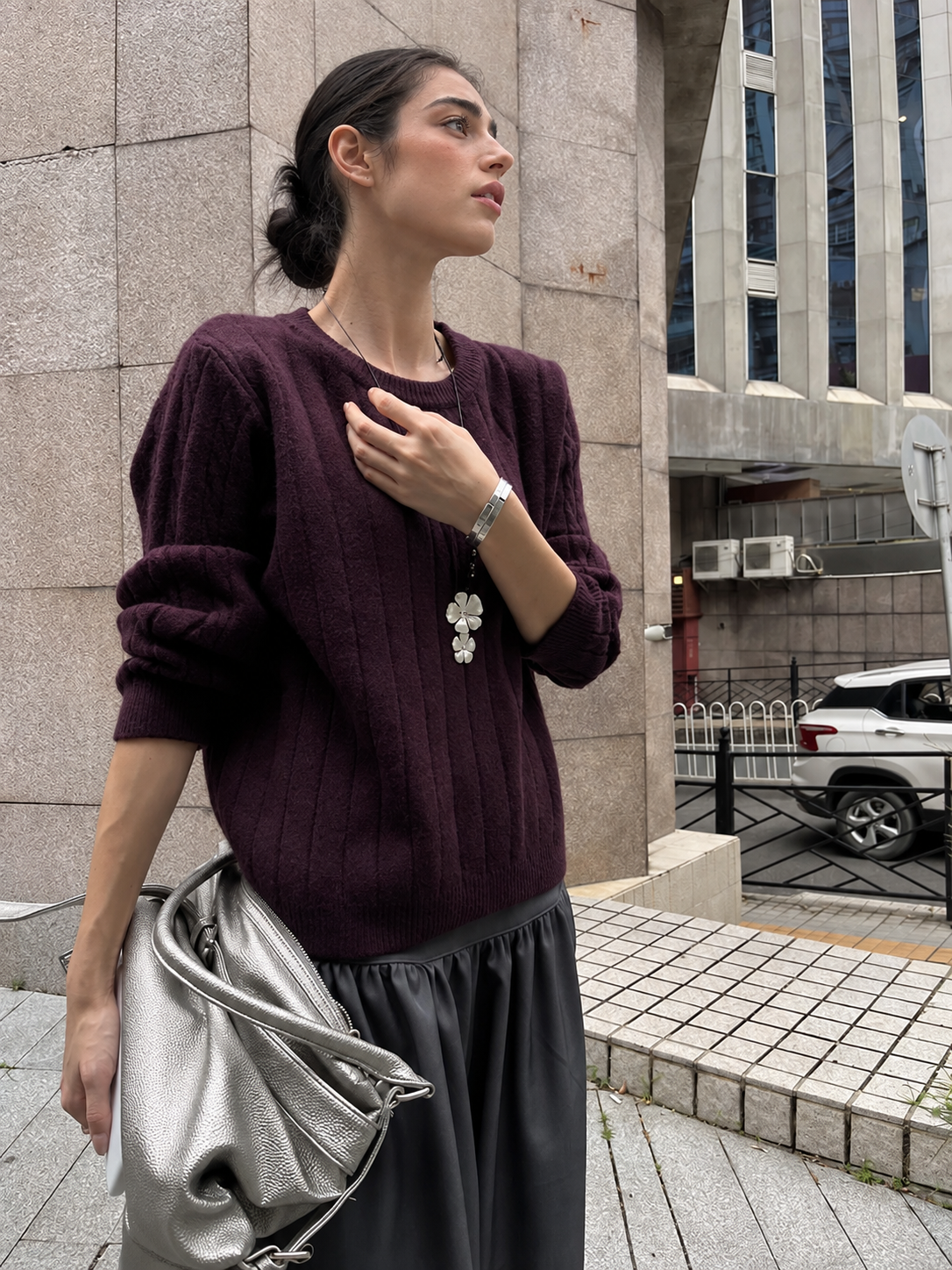 Cable Knit Crewneck Long Sleeve Sweater in Purple — side street styling view