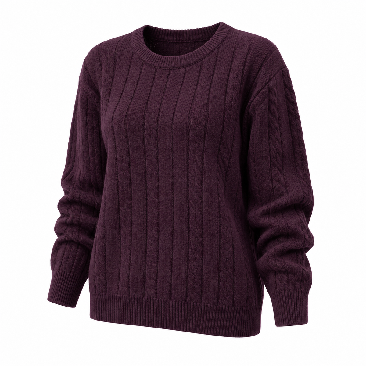 Cable Knit Crewneck Long Sleeve Sweater in Purple — white background product view