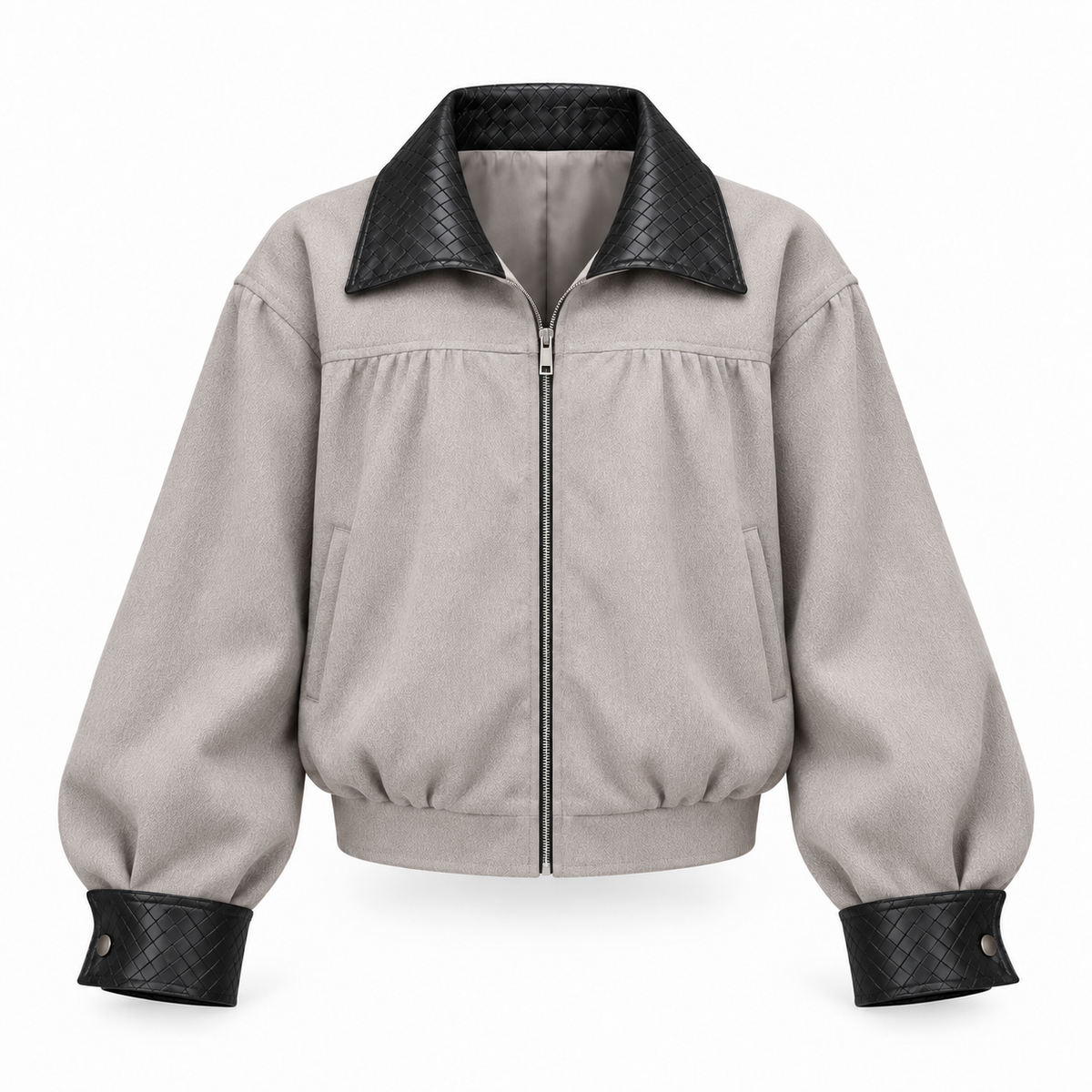 Contrast Collar Relaxed Zip-Up Jacket in light gray with black trim – front view
