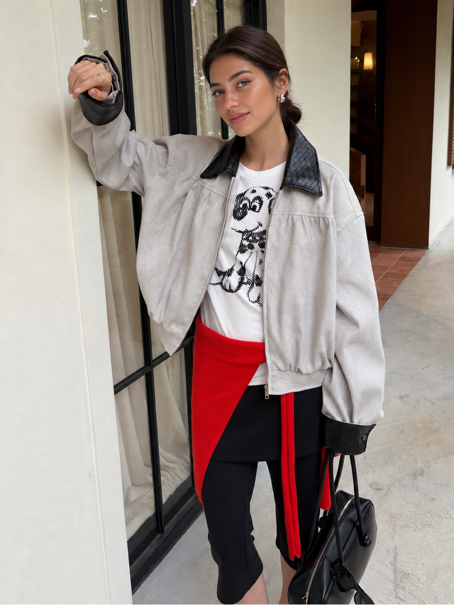 Contrast Collar Relaxed Zip-Up Jacket in light gray with black trim – open-front model view
