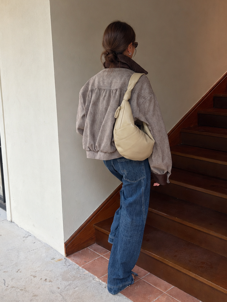 Contrast Collar Relaxed Zip-Up Jacket in taupe with brown trim – full-length rear styling