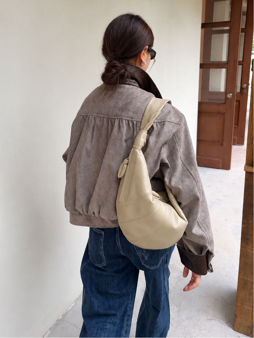 Contrast Collar Relaxed Zip-Up Jacket in taupe with brown trim – back view with gathered yoke