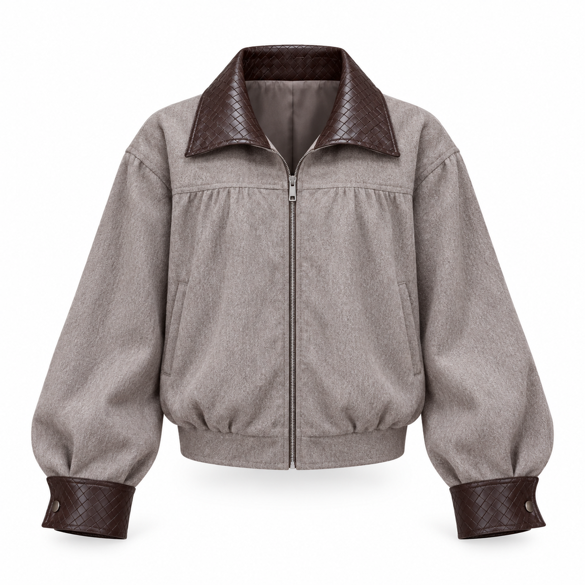 Contrast Collar Relaxed Zip-Up Jacket in taupe with brown trim – front view