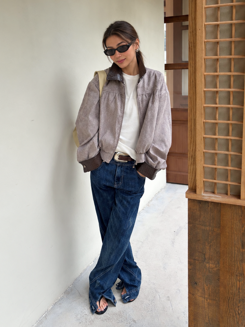 Contrast Collar Relaxed Zip-Up Jacket in taupe with brown trim – full-length front styling