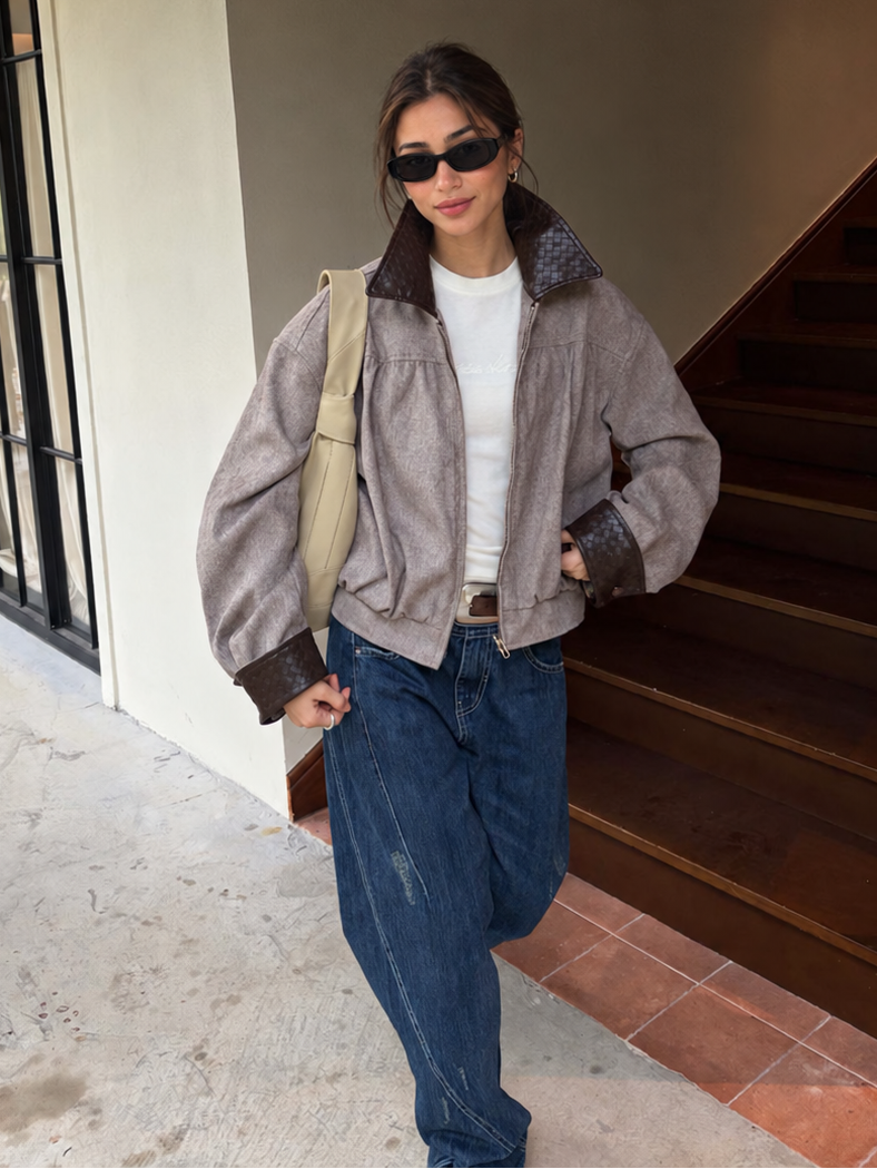 Contrast Collar Relaxed Zip-Up Jacket in taupe with brown trim – open-front styling with white top