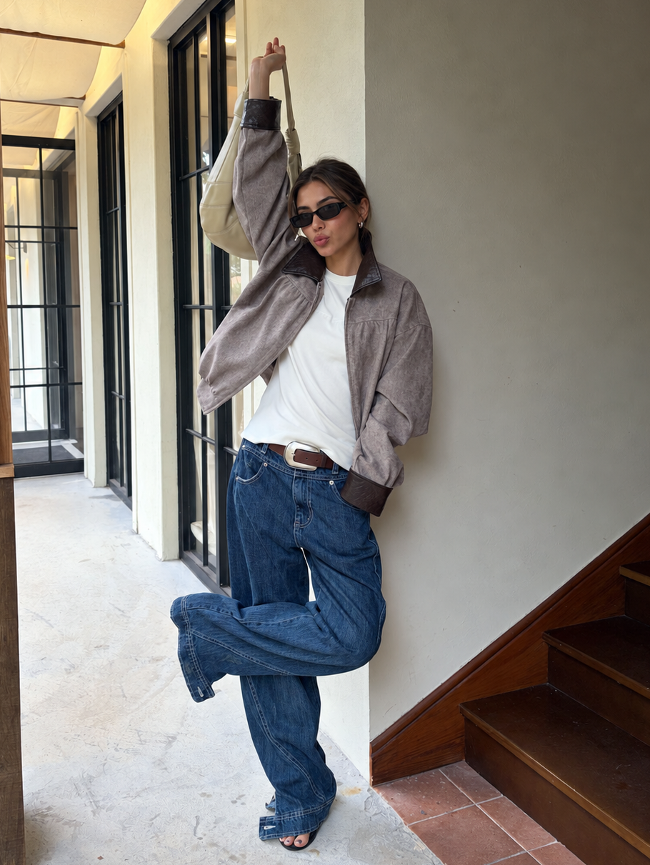 Contrast Collar Relaxed Zip-Up Jacket in taupe with brown trim – full-length raised-arm styling