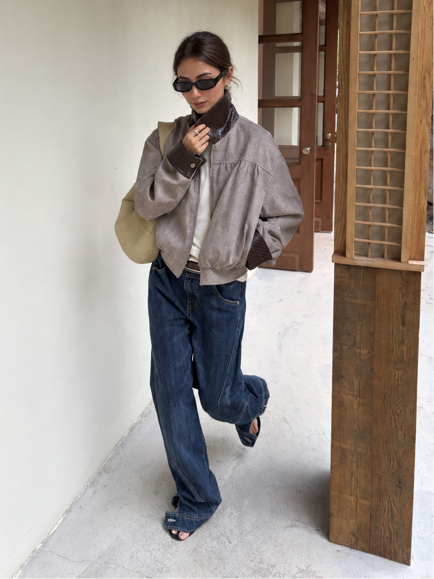Contrast Collar Relaxed Zip-Up Jacket in taupe with brown trim – standing with jeans
