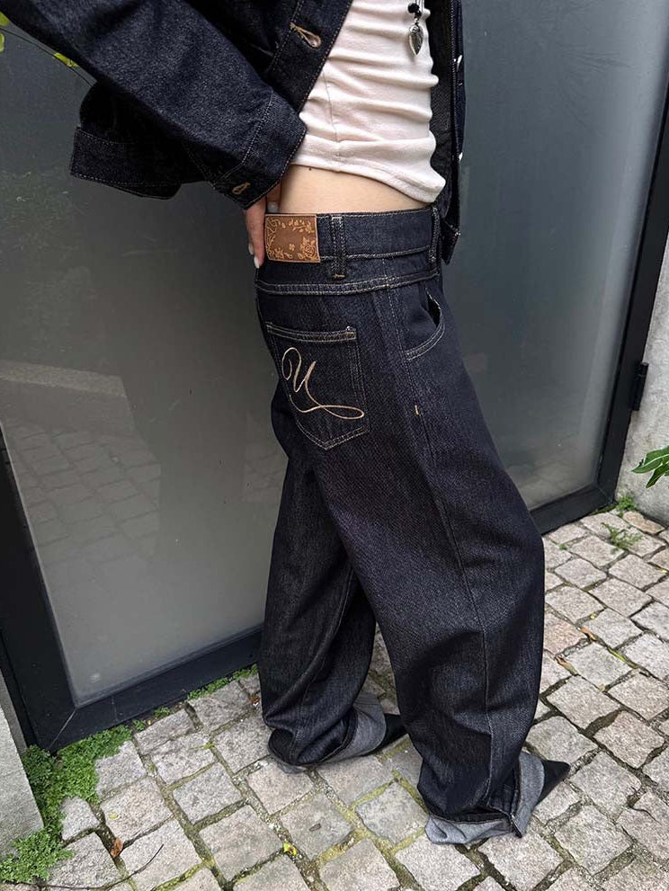 Double Waist Raw Indigo Wide Leg Jeans — back pocket embroidery detail