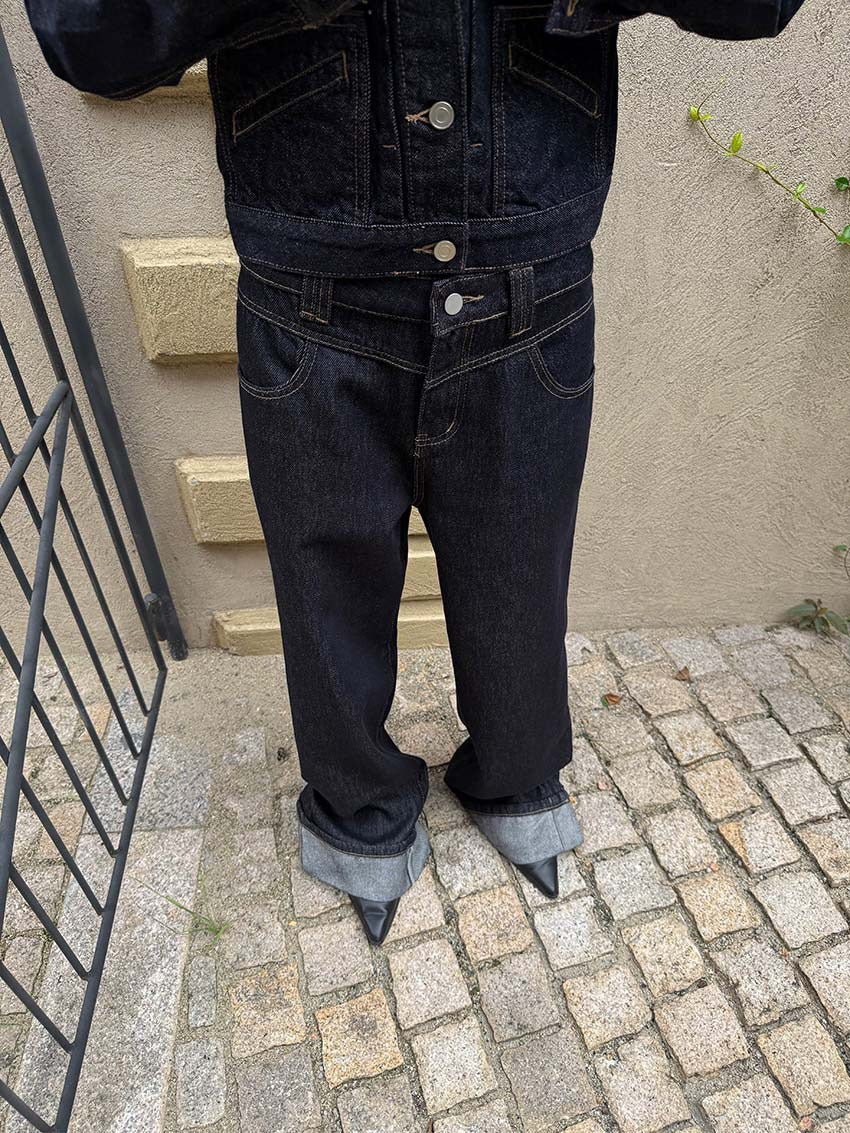 Double Waist Raw Indigo Wide Leg Jeans — cuffed hem front detail