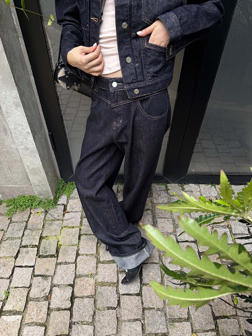 Double Waist Raw Indigo Wide Leg Jeans — double waist front close-up