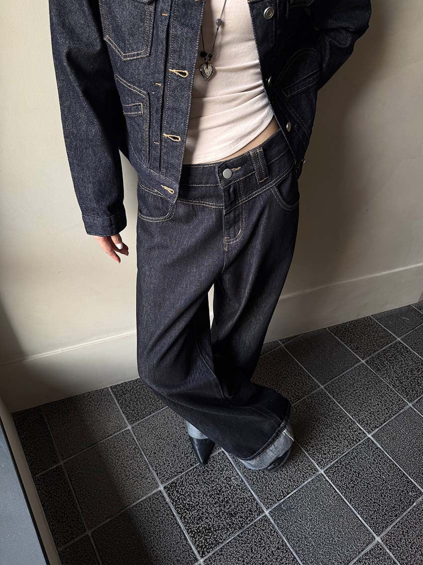 Double Waist Raw Indigo Wide Leg Jeans — front waist and cuff detail