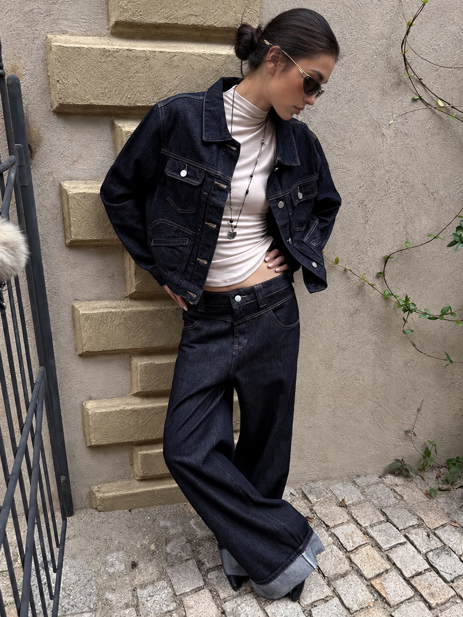 Double Waist Raw Indigo Wide Leg Jeans — relaxed front pose