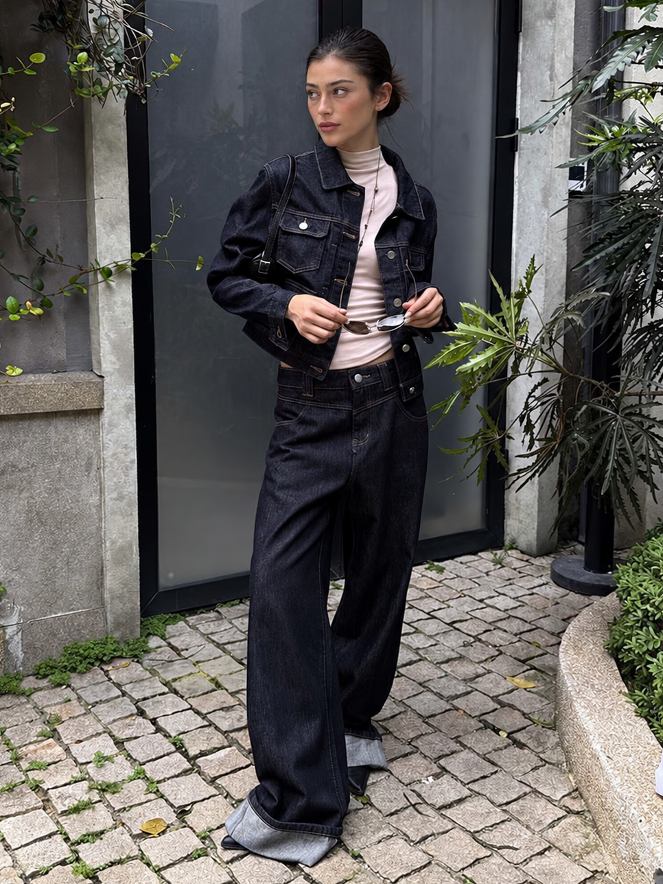 Double Waist Raw Indigo Wide Leg Jeans — front street styling view