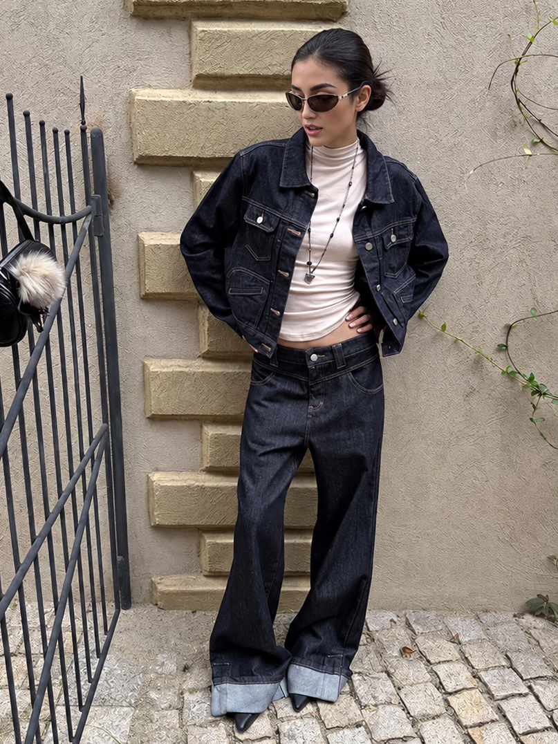 Double Waist Raw Indigo Wide Leg Jeans — full front styling view