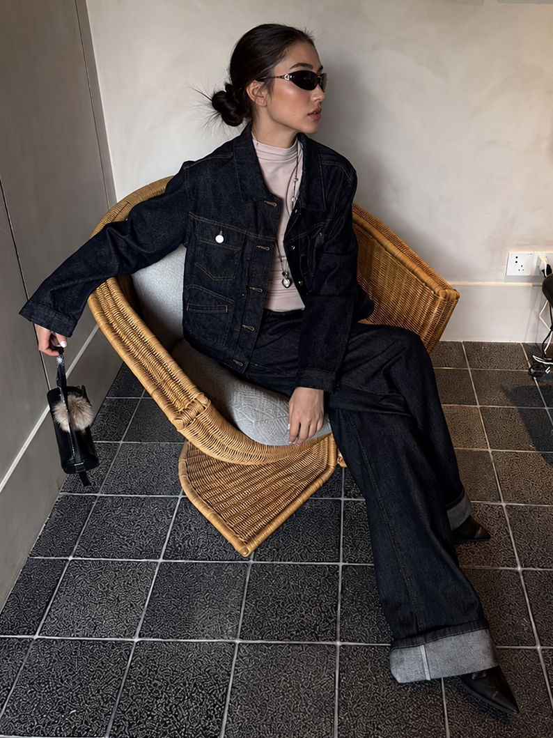 Double Waist Raw Indigo Wide Leg Jeans — seated full outfit view