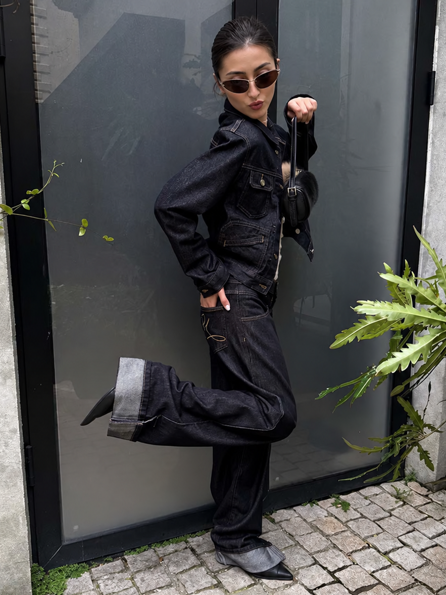 Double Waist Raw Indigo Wide Leg Jeans — side wide-leg styling view