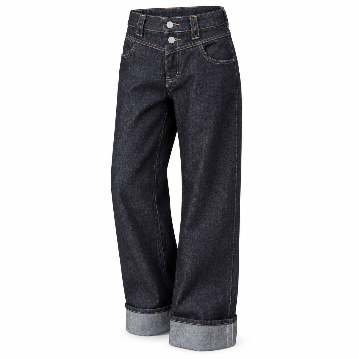 Double Waist Raw Indigo Wide Leg Jeans — white background product view