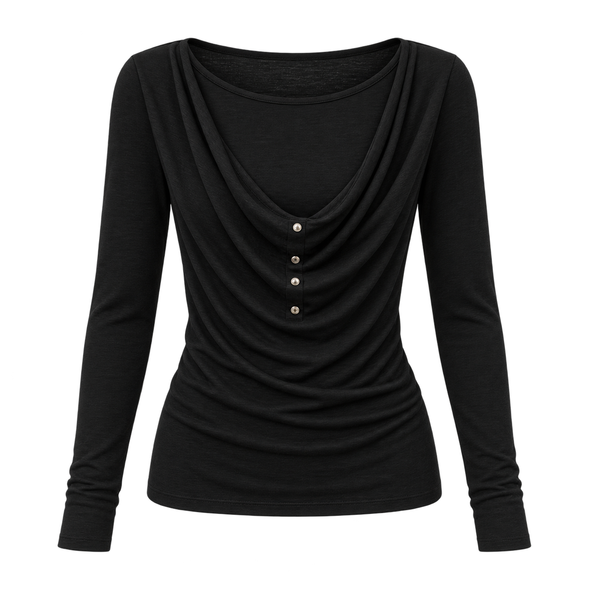 Black draped button long-sleeve top on white background