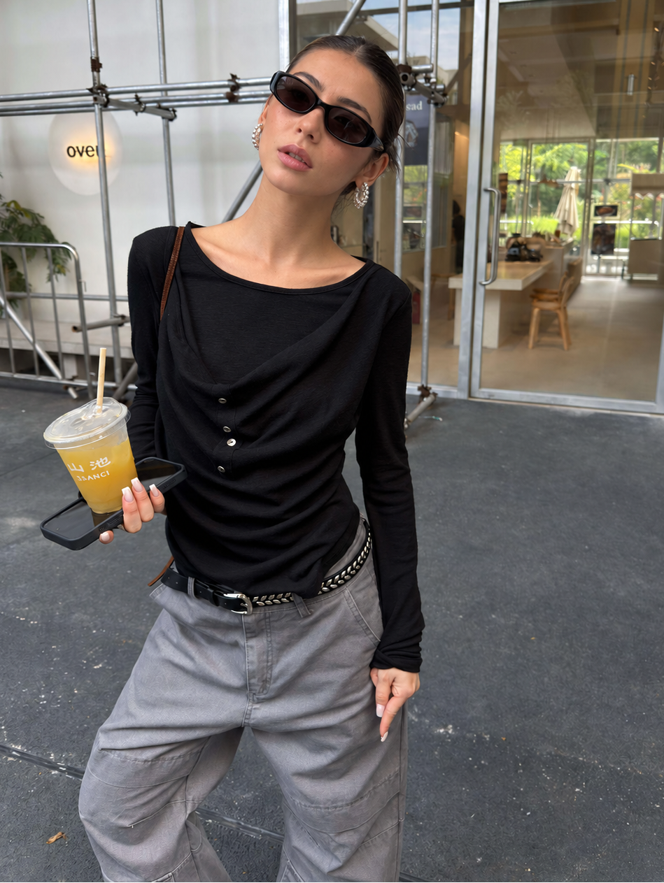 Back view of oatmeal draped button long-sleeve top