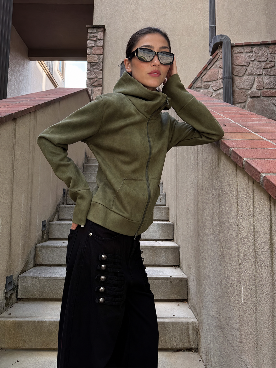 Faux Suede Hooded Zip Jacket in Olive Green — zipped front close-up view